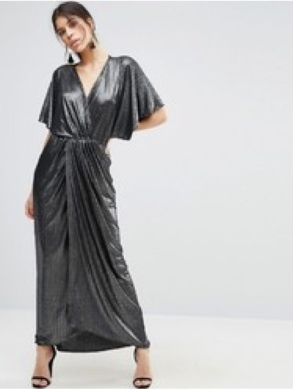 ASOS Dark Silver Black Metallic Wrap Kimono Maxi Dress - Picture 11 of 11
